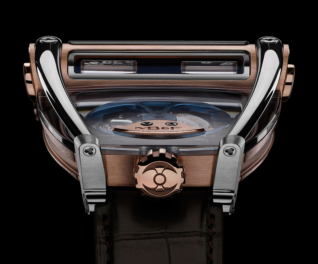 MB&F HM8 from the crown side. The roll bars in polished titanium protecting the movement which is under the curved sapphire glass top.