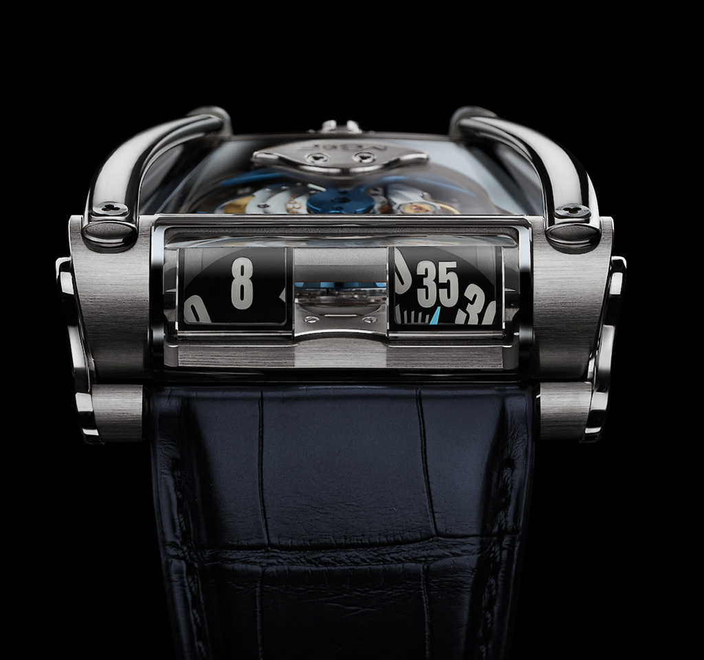 The dashboard of the MB&F HM8, showing the way to tell the time. This is the platinum version.